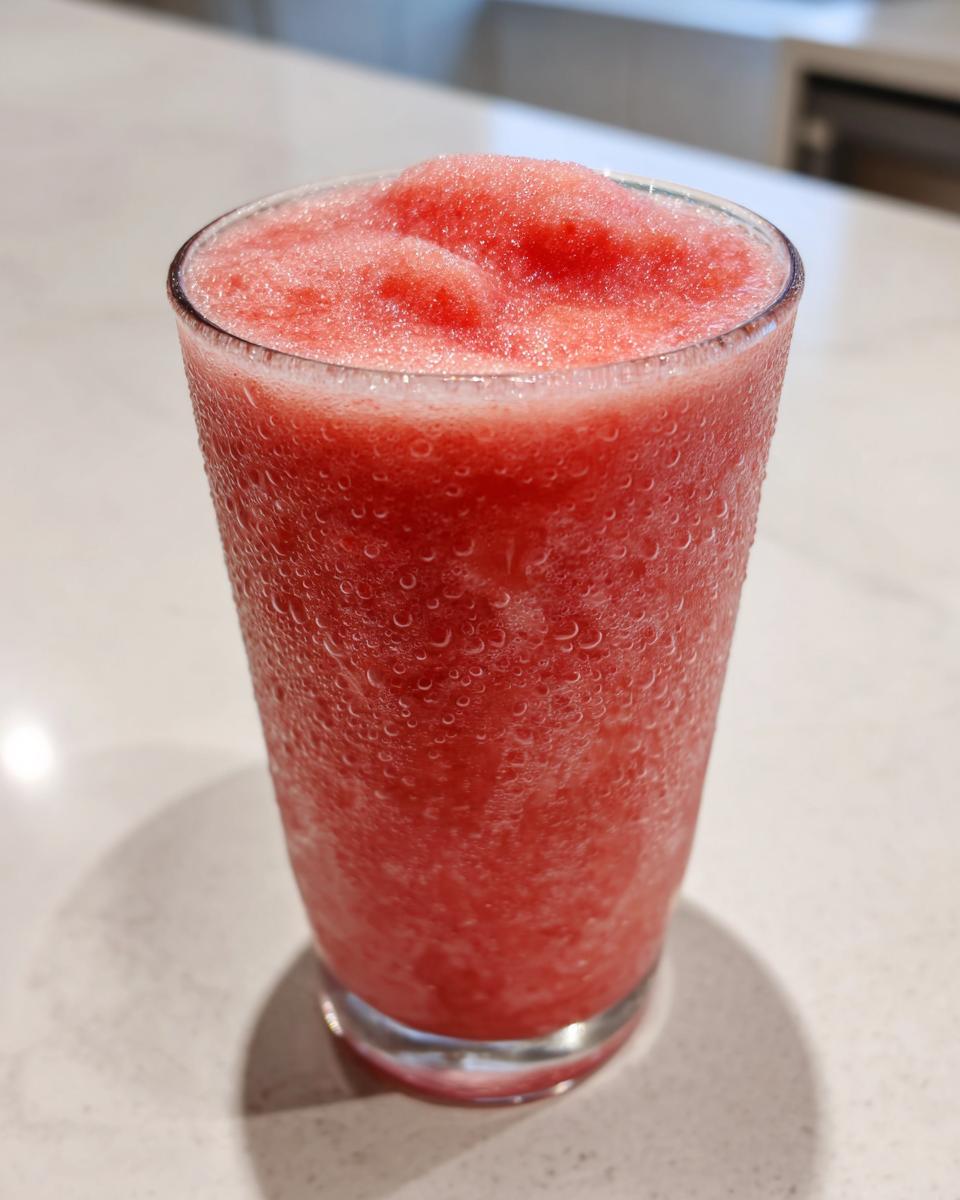 A tall glass filled with a frosty, bright red watermelon smoothie, showing condensation droplets on the exterior.