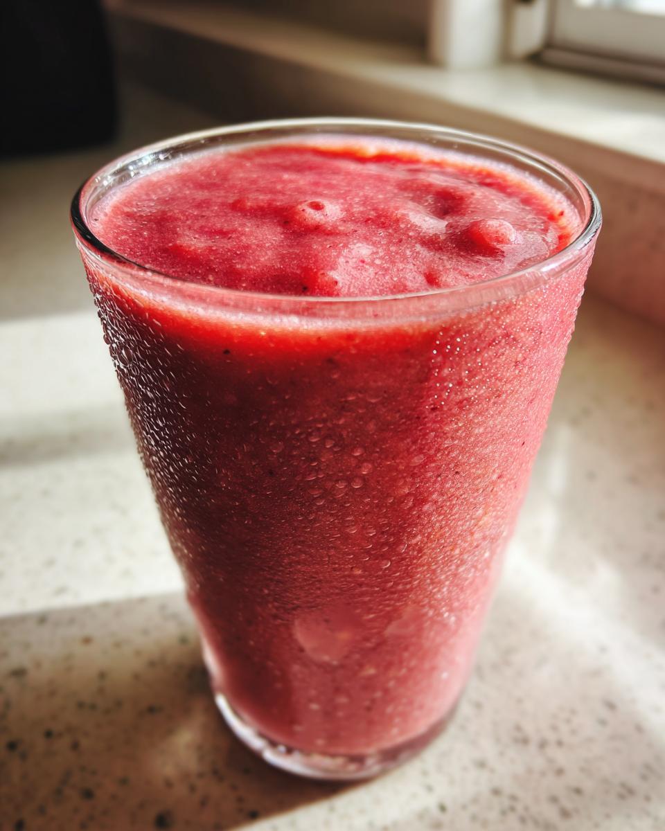 Close-up of a tall glass filled with a thick, frosty, bright pink watermelon smoothie, showing condensation droplets.