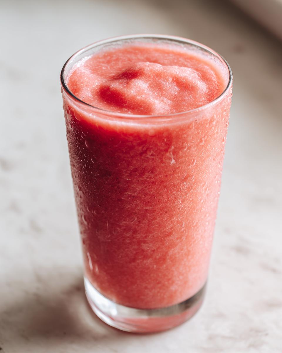 A tall glass filled with a thick, icy, pink watermelon smoothie, showing condensation on the outside.