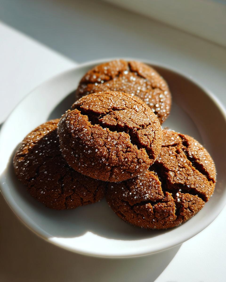 Close-up of four dark, crinkled ginger molasses cookies rolled in sugar, sitting on a white plate in bright sunlight.