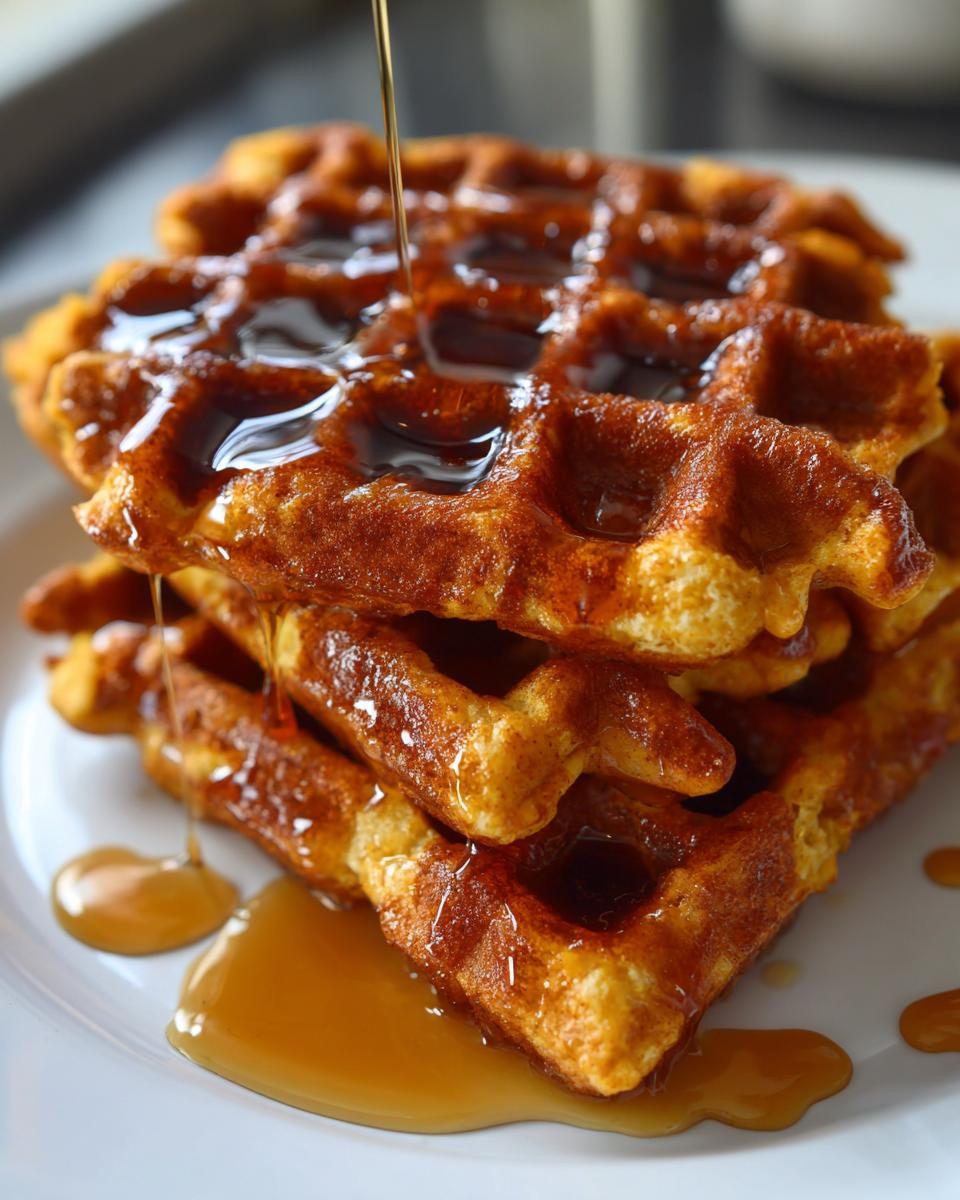 A close-up of a stack of golden brown pumpkin waffles being drizzled with maple syrup.
