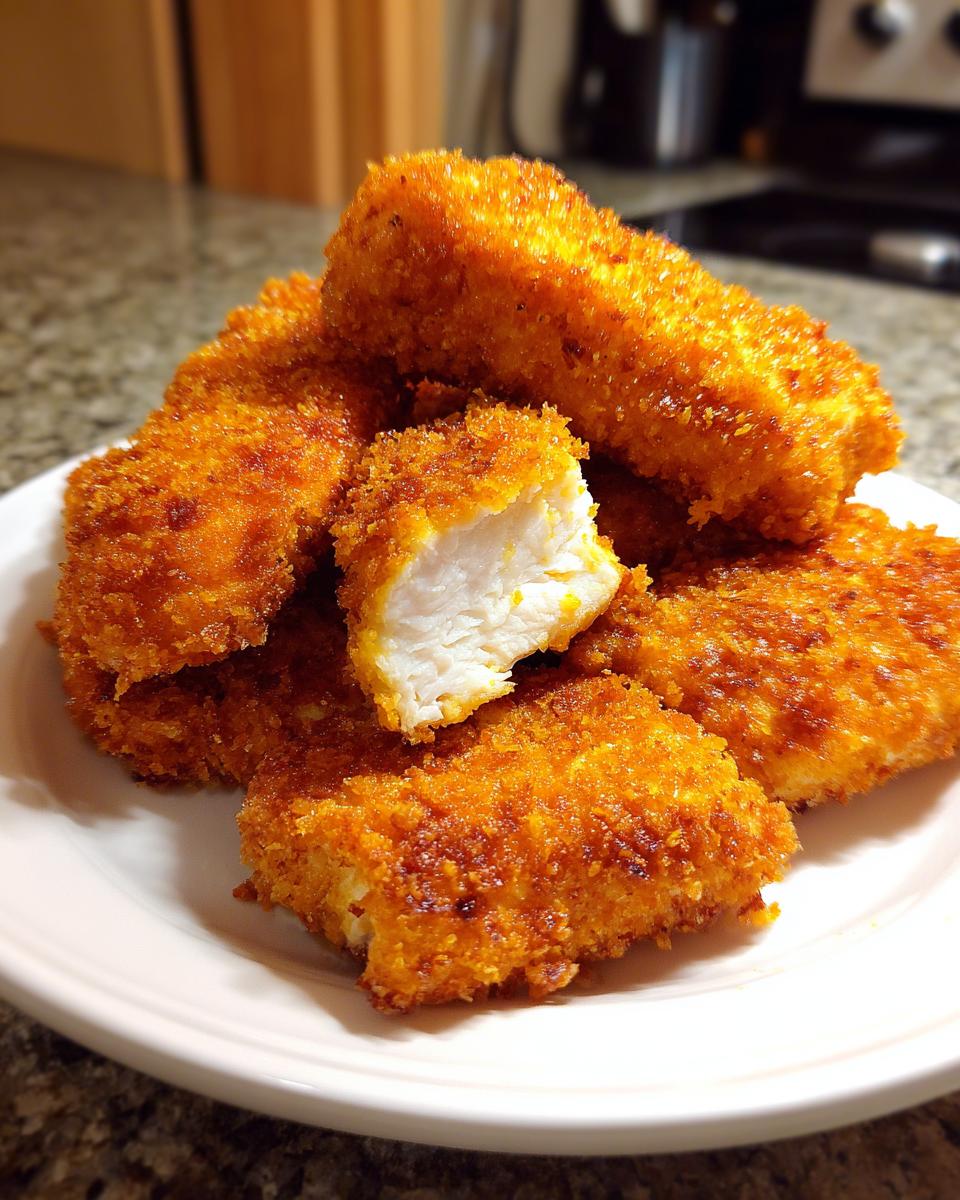A pile of golden brown, crispy air fryer chicken tenders, one is broken open showing the white meat inside.