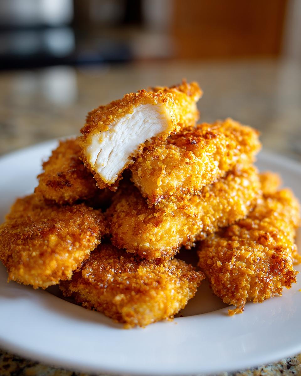 A stack of golden brown, crispy air fryer chicken tenders, with one tender cut open to show the juicy white meat inside.