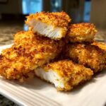 Close-up of a stack of golden brown, crispy air fryer chicken tenders, one cut open showing juicy white meat.