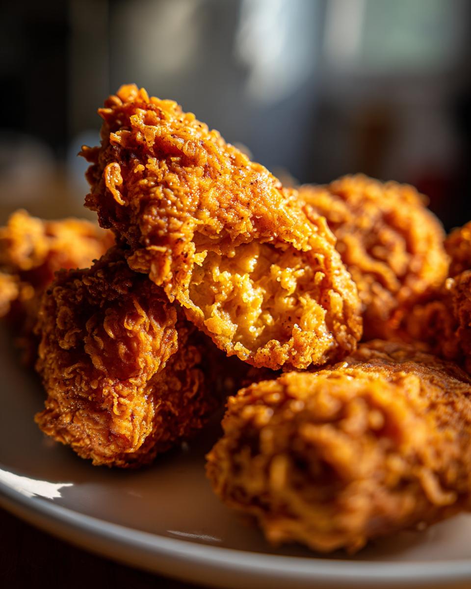 Close-up of perfectly crispy, golden-brown air fryer fried chicken pieces stacked on a white plate.