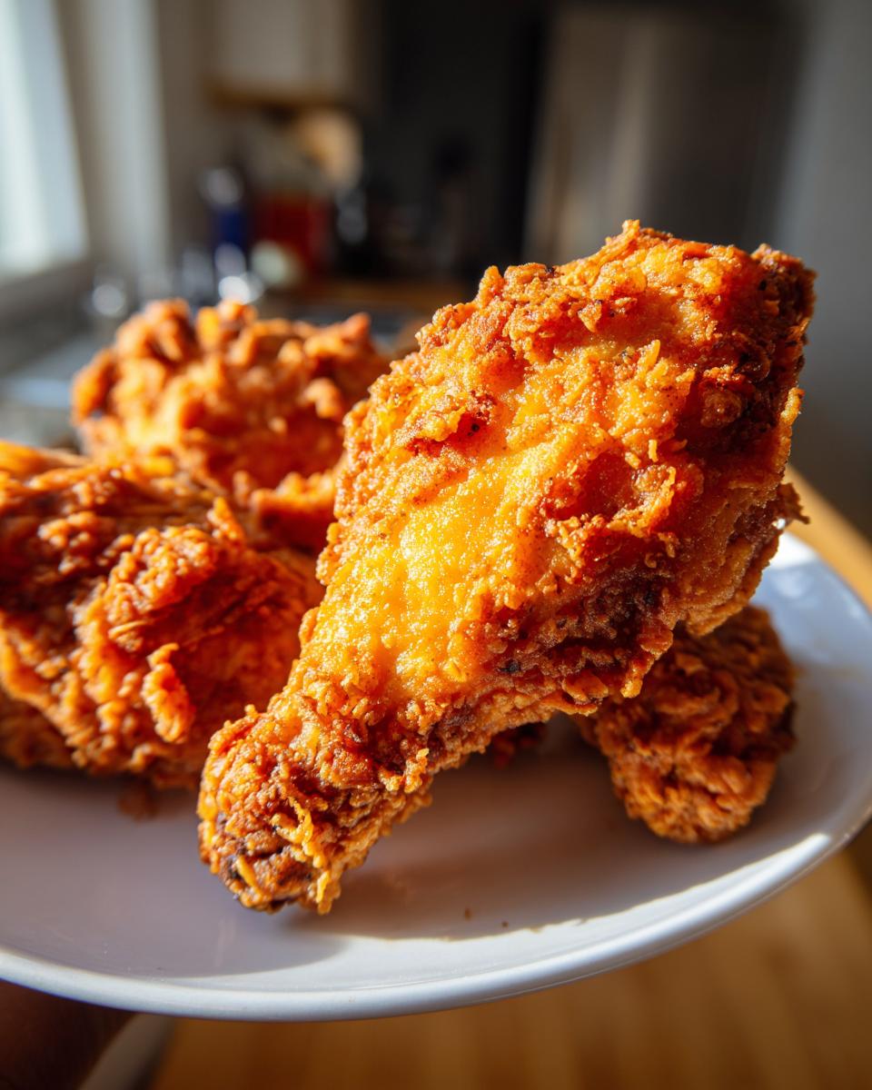 Close-up of a perfectly cooked, crispy piece of air fryer fried chicken on a white plate.