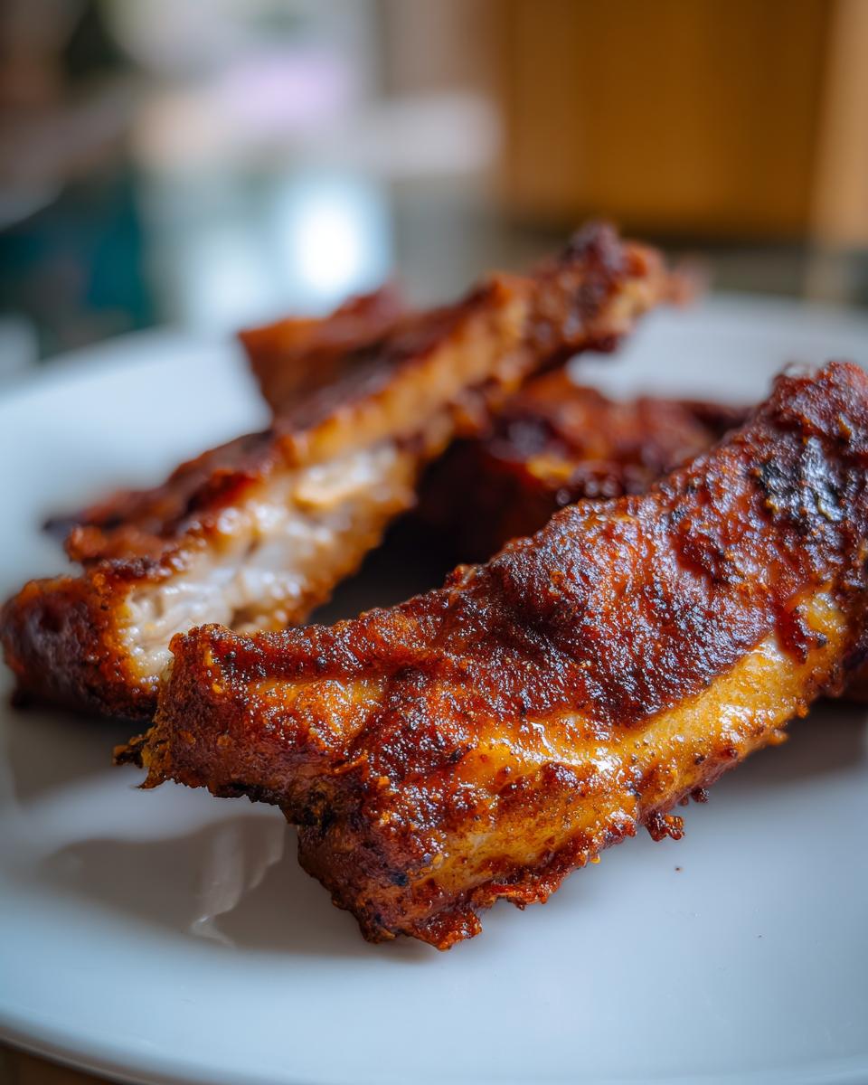 Close-up of three seasoned and crispy air fryer pork chops resting on a white plate.