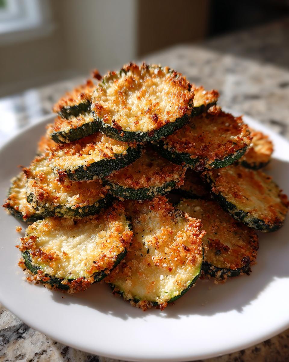 A stack of golden brown, crispy baked parmesan zucchini slices piled high on a white plate.