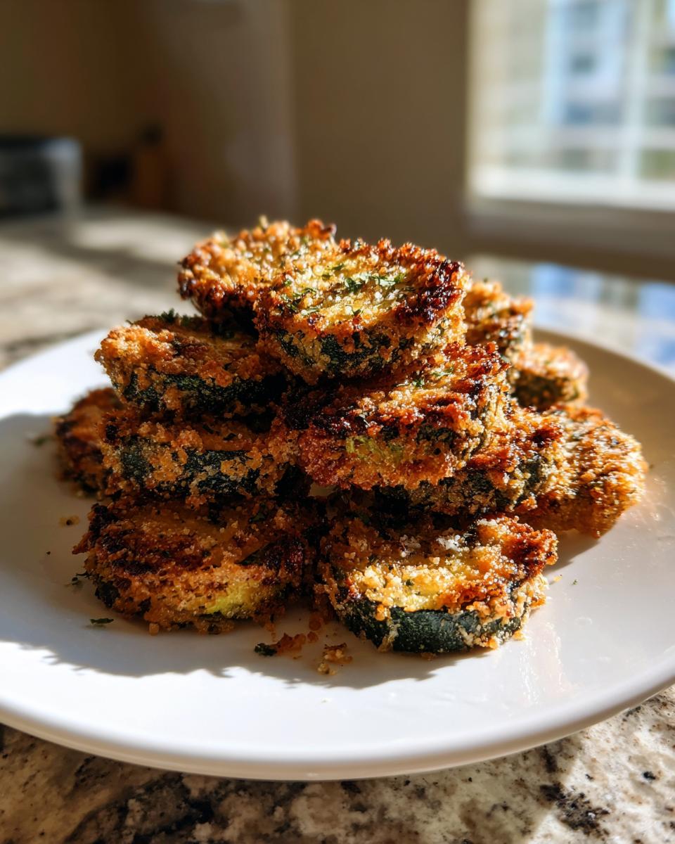 A tempting stack of golden brown baked parmesan zucchini slices piled high on a white plate.