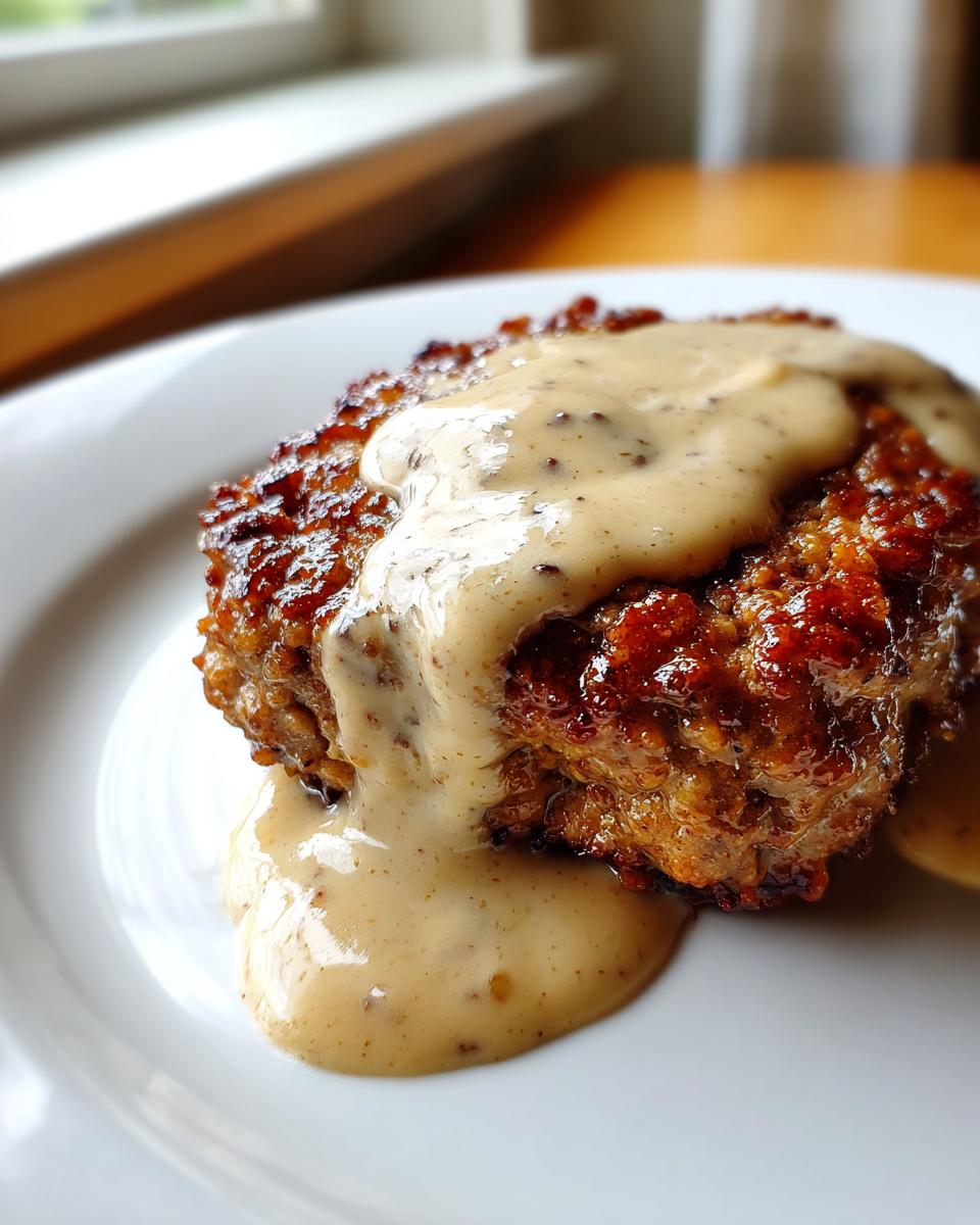 Close-up of a crispy, golden-brown chicken fried steak smothered in creamy, speckled country gravy.
