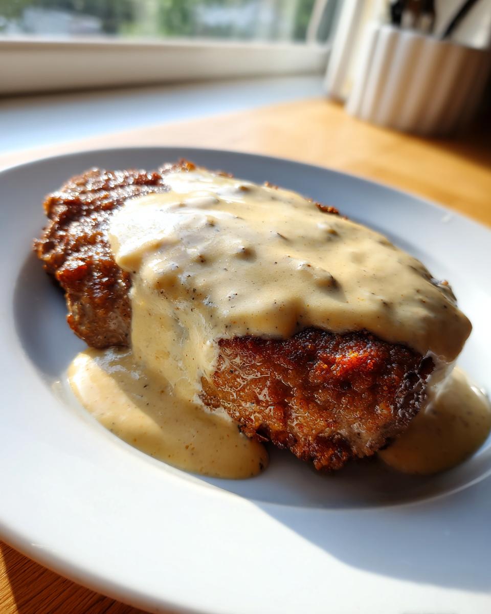 A close-up of a crispy, golden brown chicken fried steak generously covered in creamy, peppered gravy.