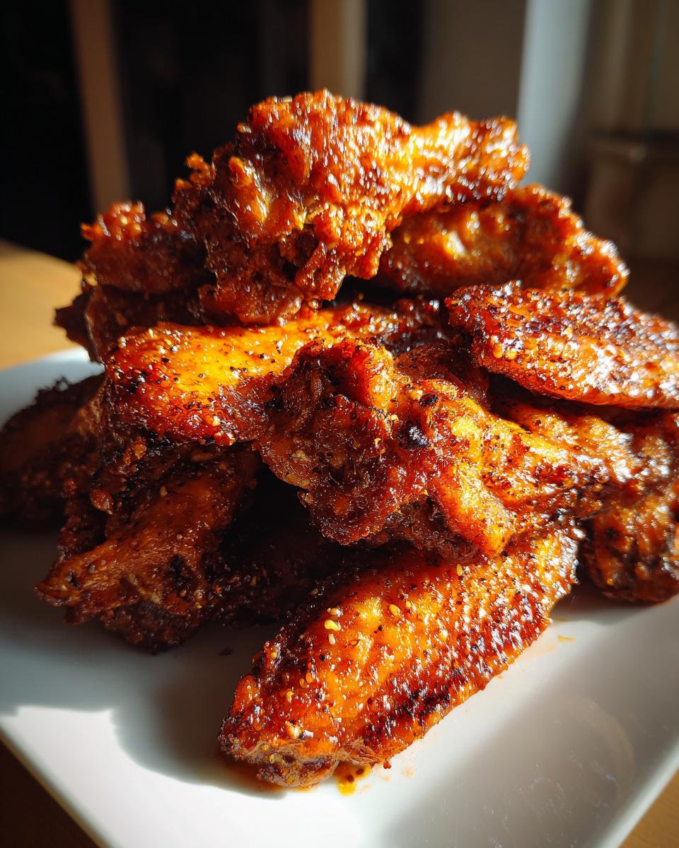 Close-up of a tempting pile of crispy, dark-glazed chicken wing pieces seasoned with spices.