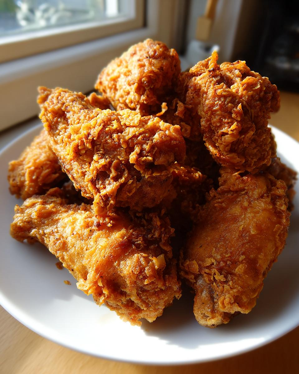 A close-up of a pile of golden brown, crispy fried chicken wings served on a white plate near a window.