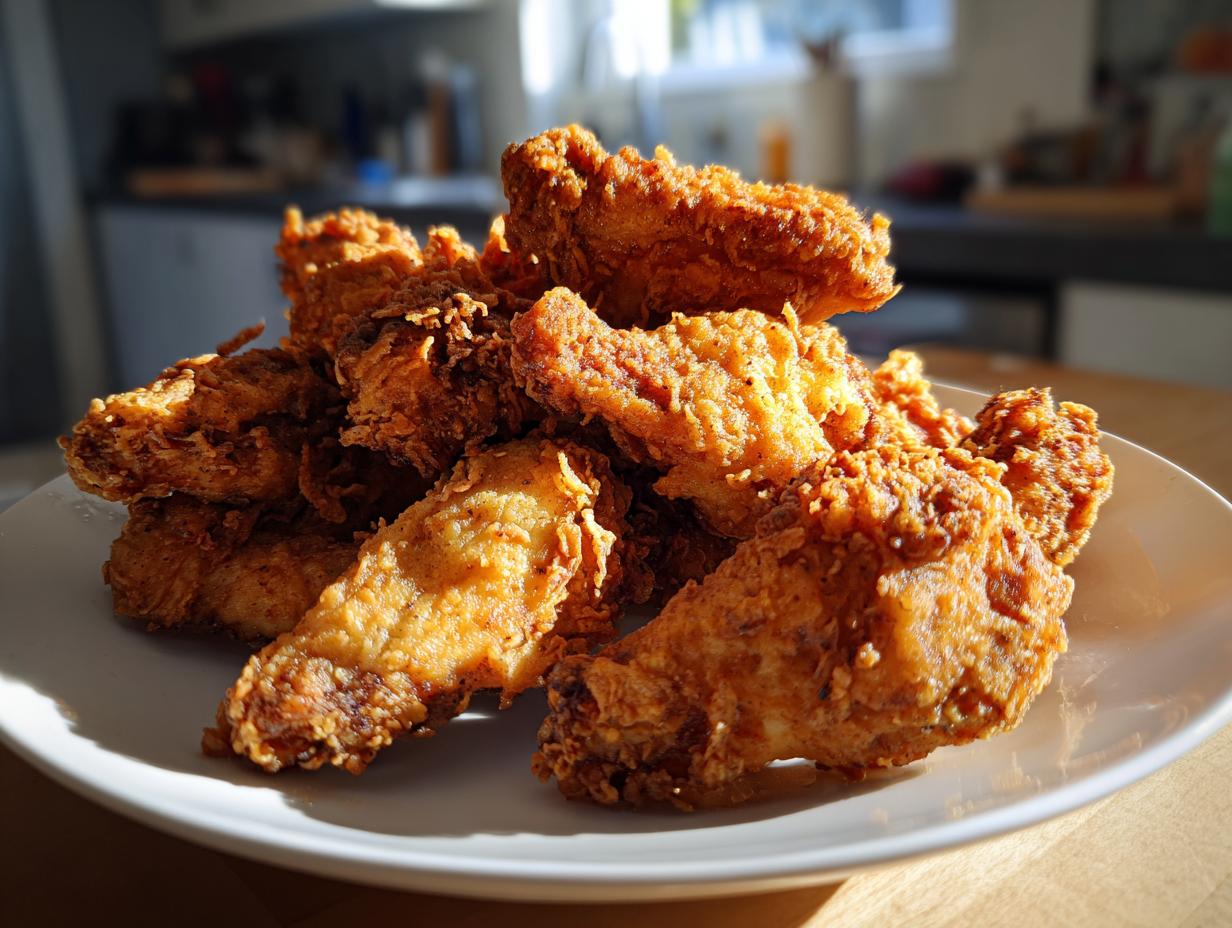 A close-up, sunlit photo of a pile of golden brown, crispy fried chicken wings served on a white plate.