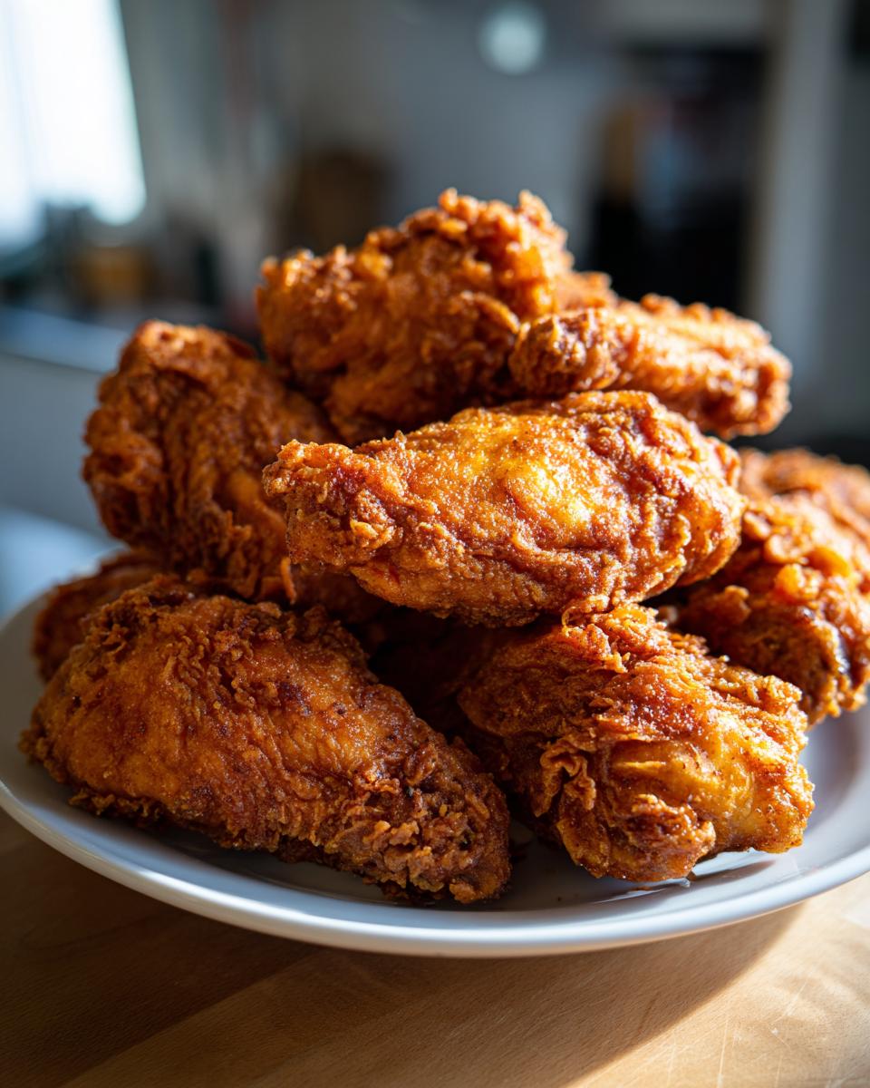 A close-up stack of golden brown, crispy fried chicken wings piled high on a white plate.