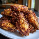 A close-up stack of golden brown, crispy fried chicken wings seasoned with spices, resting on a white plate.