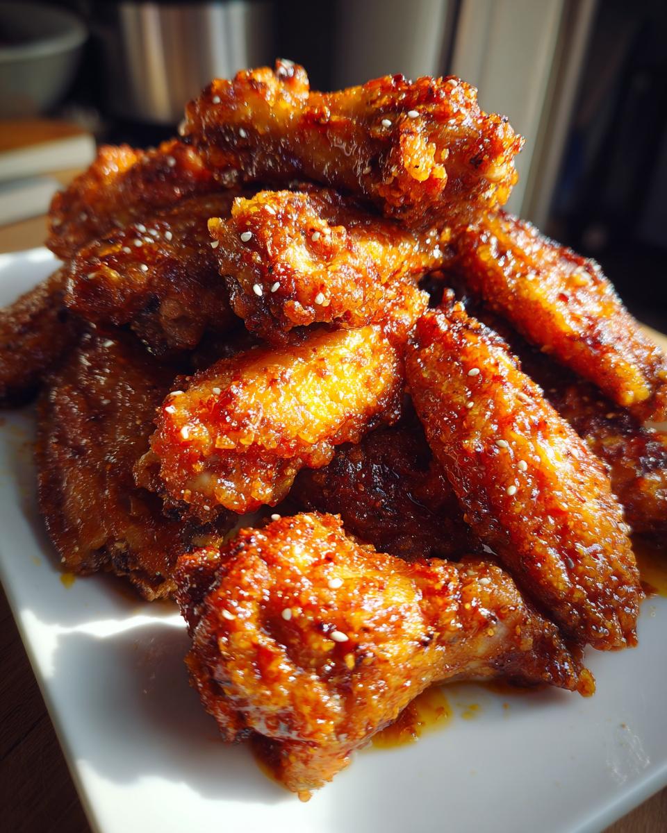 Close-up of a mound of perfectly crispy, glazed chicken wing pieces sprinkled with sesame seeds.