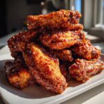 A tall stack of crispy, glazed chicken wing pieces sprinkled with sesame seeds on a white plate.