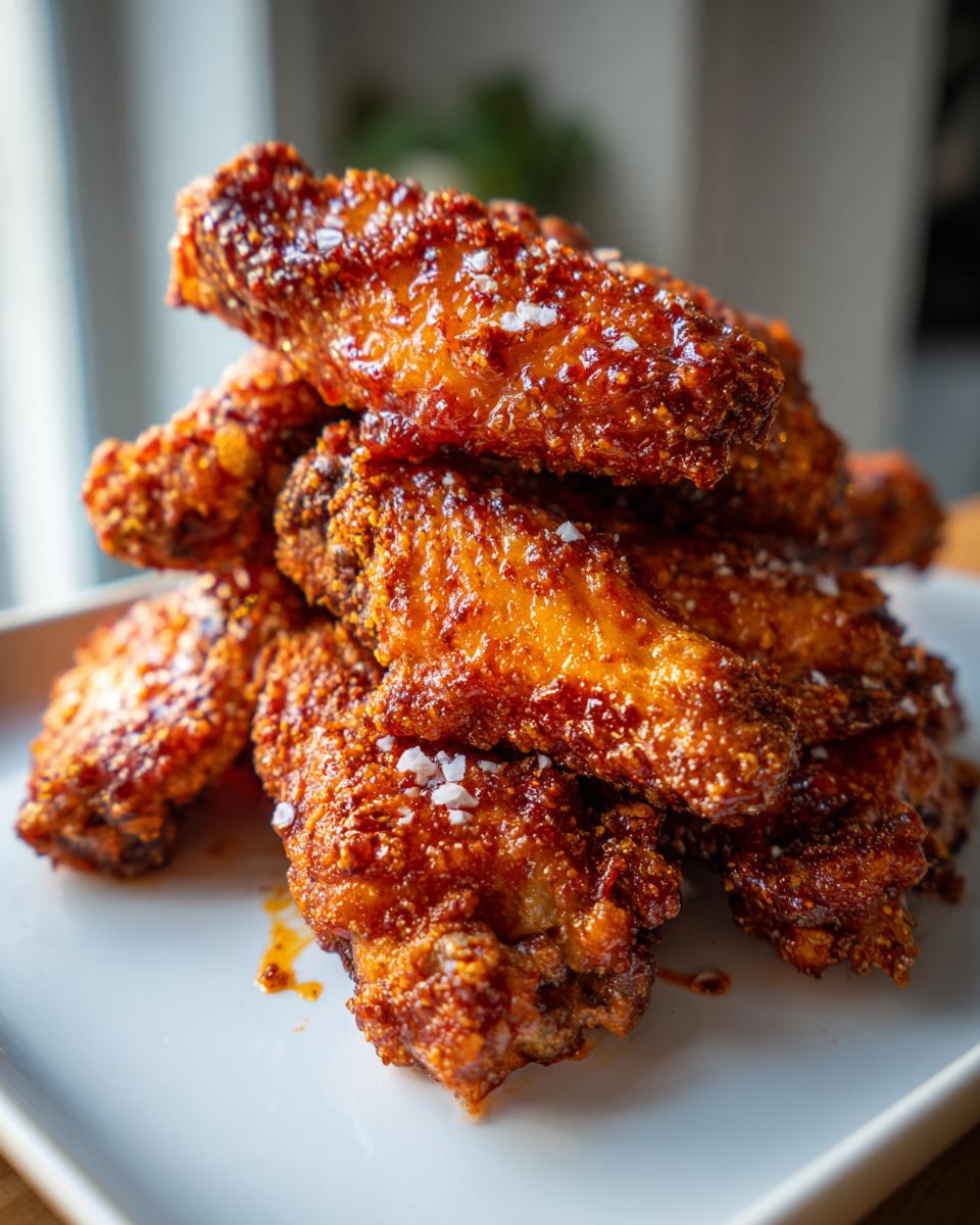 A stack of incredibly crispy, glazed chicken wing pieces sprinkled with flaky sea salt.