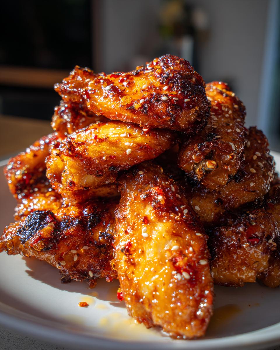 A close-up stack of crispy, glazed chicken wing pieces sprinkled with sesame seeds and chili flakes.