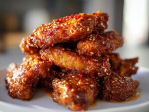A close-up stack of crispy, glazed chicken wing pieces sprinkled with sesame seeds and red pepper flakes.