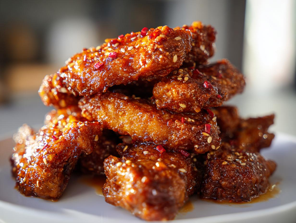 A close-up stack of crispy, glazed chicken wing pieces sprinkled with sesame seeds and red pepper flakes.