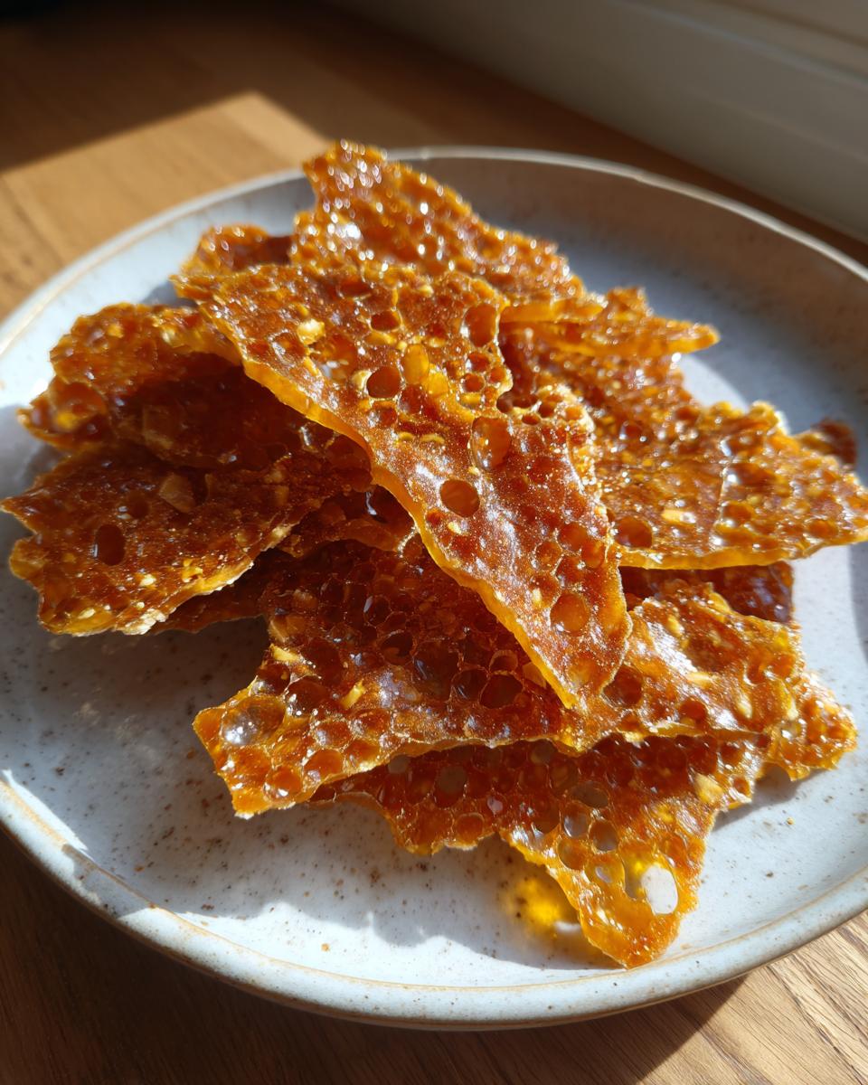 Close-up of shards of golden brown, airy peanut brittle recipe resting on a speckled ceramic plate.