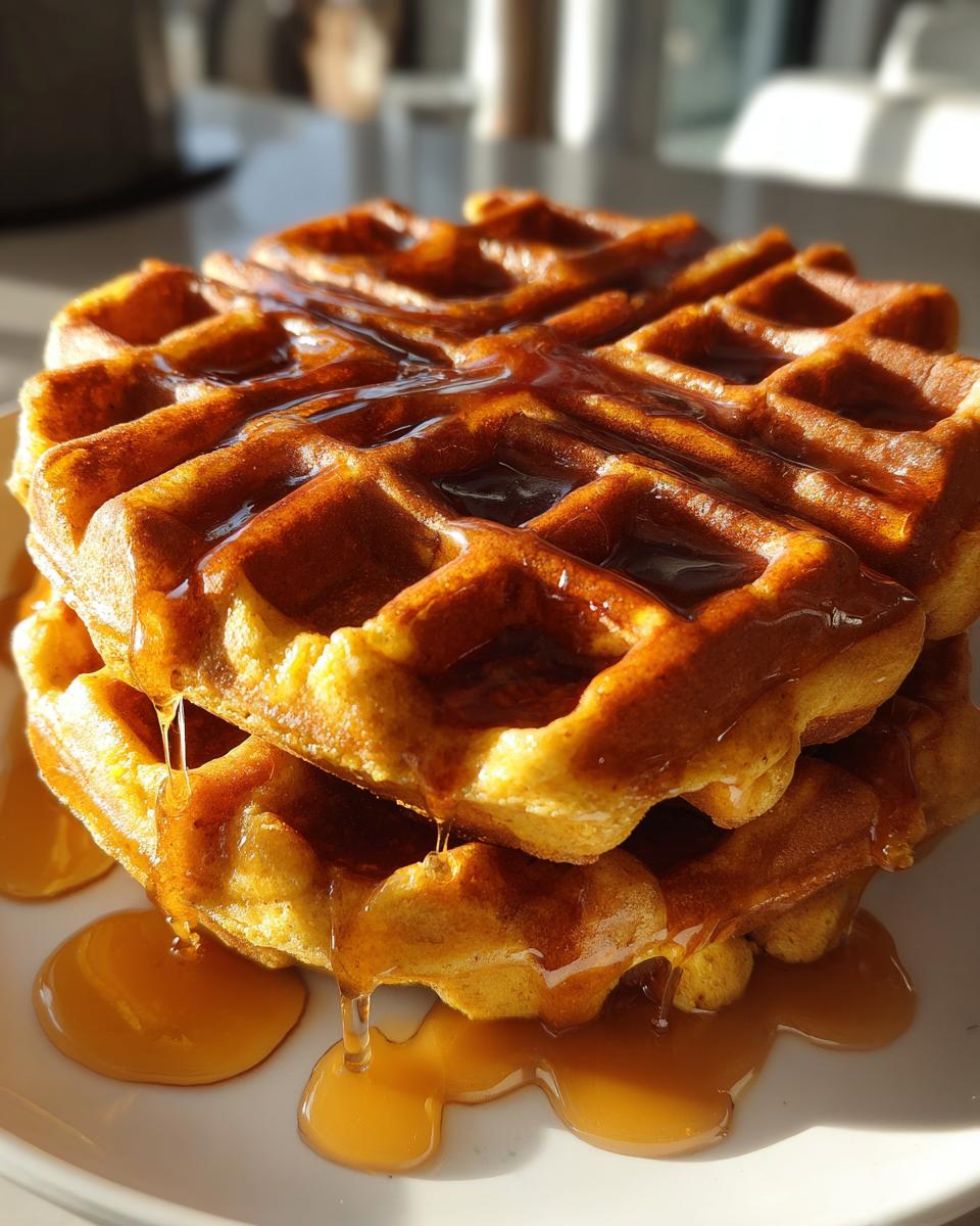 A close-up of a stack of golden brown pumpkin waffles generously drizzled with maple syrup.