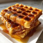 A close-up of a stack of three golden, crispy pumpkin waffles generously drizzled with maple syrup.