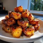 A mound of golden brown, crispy roast potatoes seasoned with herbs and glistening with oil.