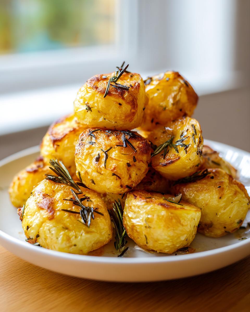 A pile of golden, crispy roast potatoes seasoned with fresh rosemary sprigs, ready to serve.