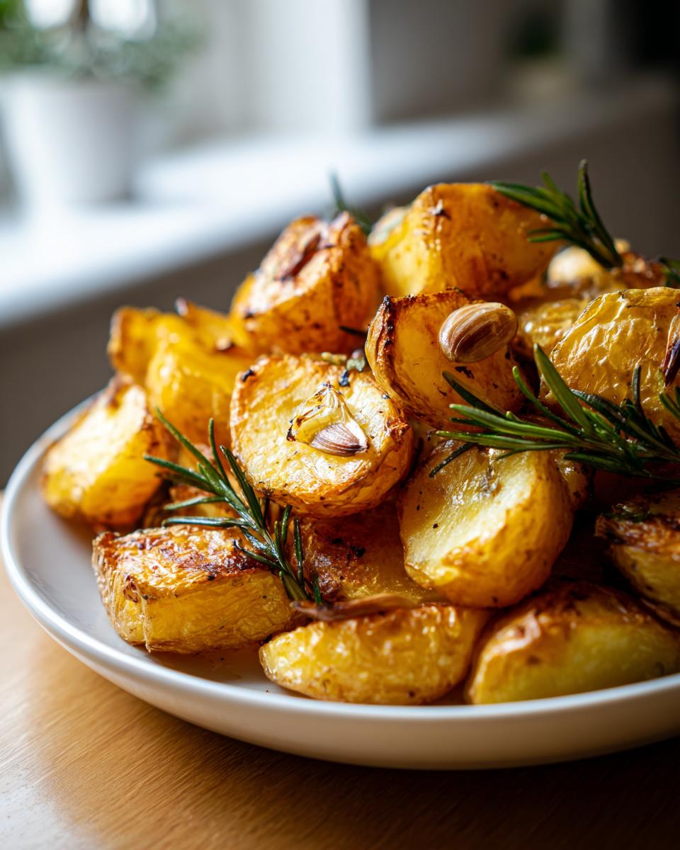 Close-up of golden brown, crispy roast potatoes seasoned with fresh rosemary sprigs and whole garlic cloves.