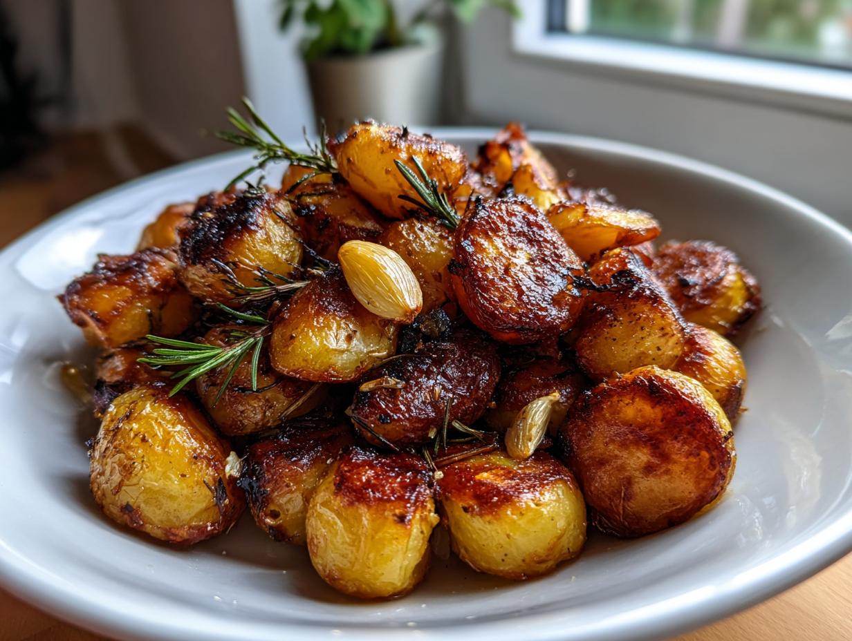 A bowl filled with golden brown, crispy roast potatoes garnished with fresh rosemary sprigs and roasted garlic cloves.