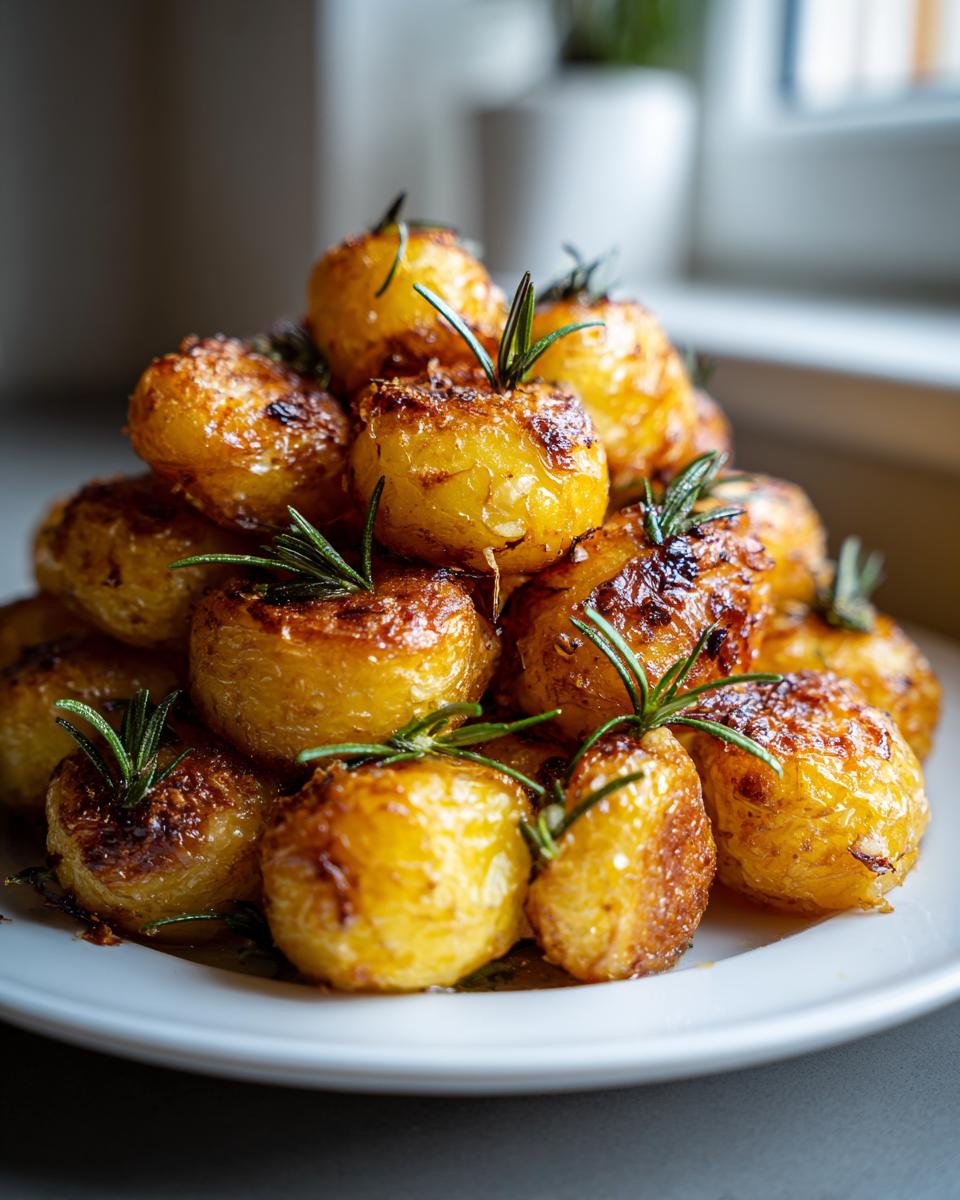 A tall stack of golden brown, crispy roast potatoes garnished with fresh rosemary sprigs on a white plate.