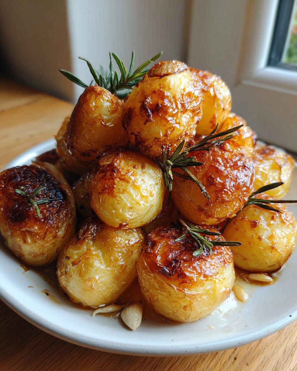 A pile of golden brown, crispy roast potatoes garnished with fresh rosemary sprigs and garlic cloves.