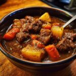 Close-up of a dark bowl filled with rich crockpot beef stew featuring tender beef chunks, carrots, and potatoes.
