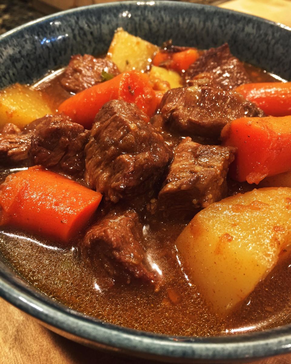 Close-up of tender beef chunks, carrots, and potatoes in rich gravy from the crockpot beef stew.
