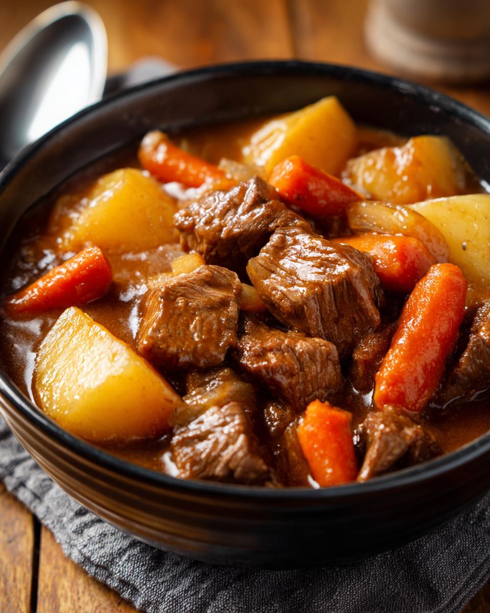 Close-up of a bowl filled with rich, savory crockpot beef stew featuring tender beef chunks, carrots, and potatoes.