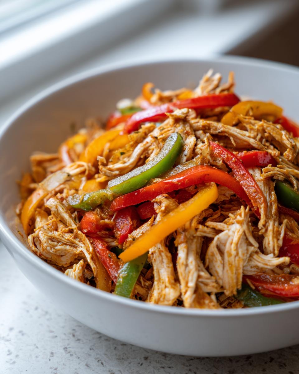 Close-up of shredded chicken mixed with colorful sliced bell peppers in a white bowl, ready for crockpot chicken fajitas.