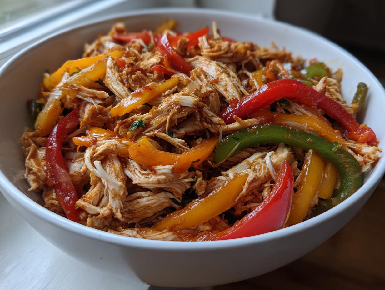 Close-up of shredded chicken mixed with vibrant red, yellow, and green bell pepper strips for crockpot chicken fajitas in a white bowl.