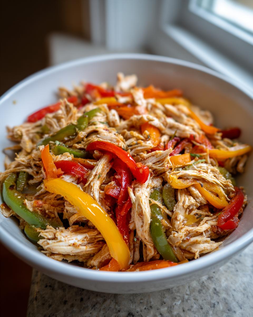 Close-up of shredded chicken mixed with colorful bell pepper strips, ready for crockpot chicken fajitas.
