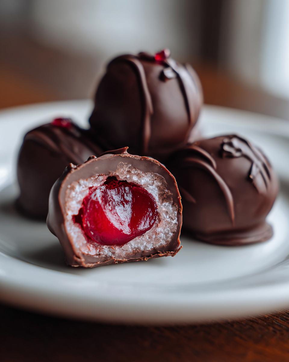 A close-up view of a homemade chocolate covered cherries treat cut in half, revealing the bright red cherry center and sugary coating.