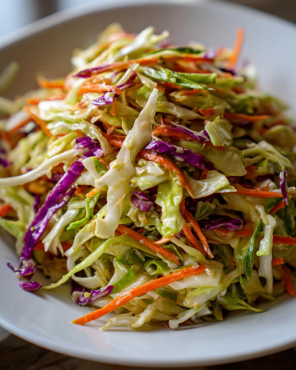 A close-up of a vibrant, crunchy cabbage salad featuring shredded green and purple cabbage mixed with bright orange carrots.
