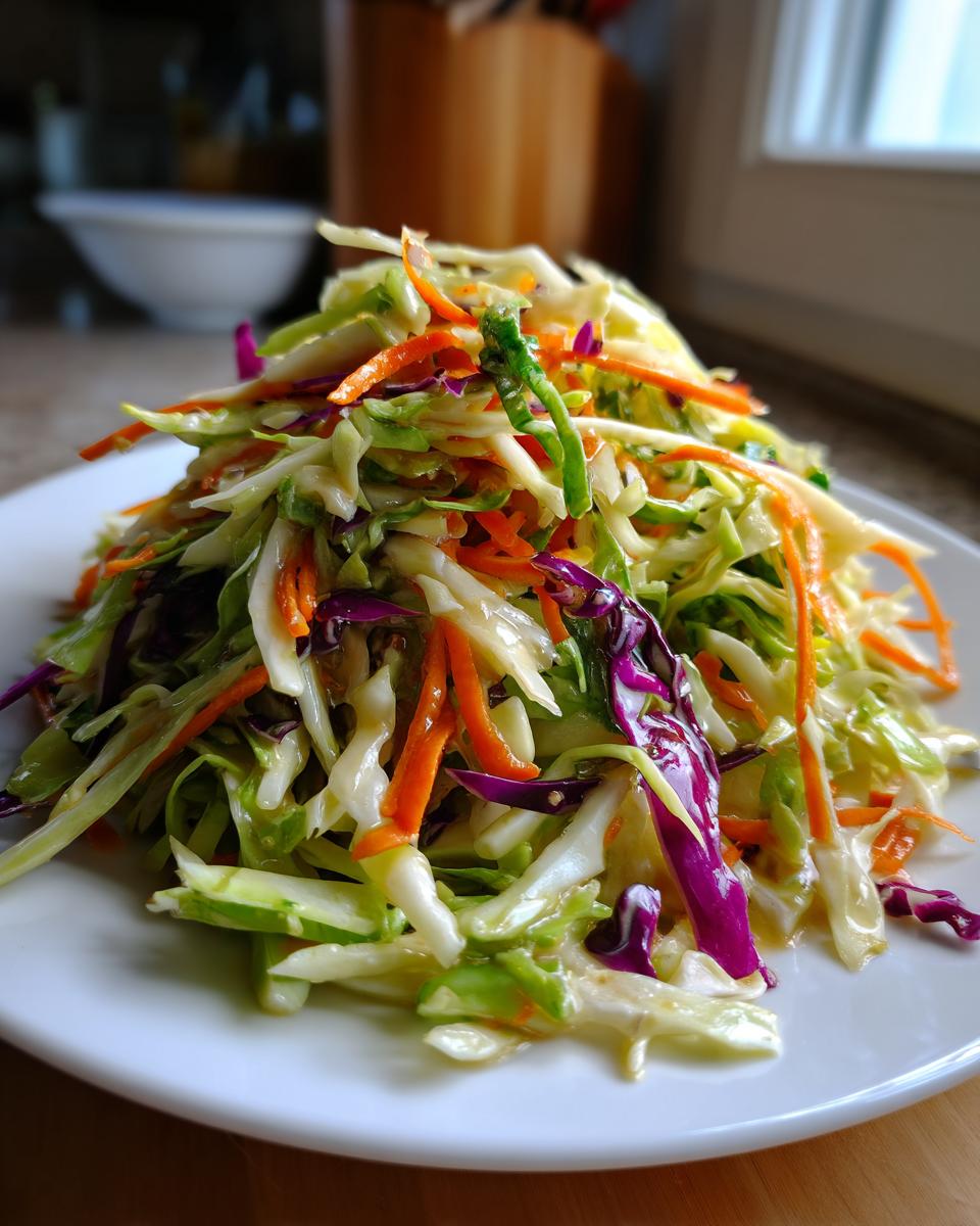 A vibrant mound of crunchy cabbage salad featuring shredded green and purple cabbage and bright orange carrots, lightly dressed.