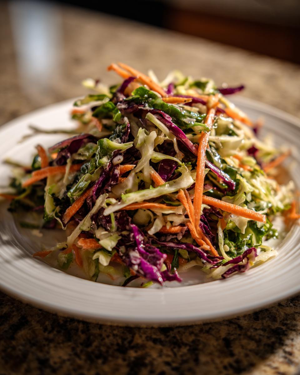 A mound of vibrant, crunchy cabbage salad featuring shredded green cabbage, red cabbage, and julienned carrots on a white plate.