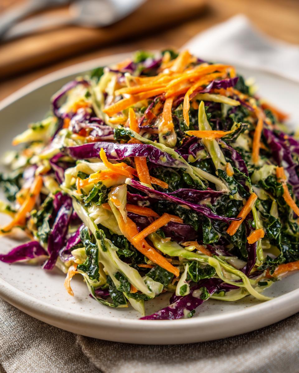Close-up of a vibrant, crunchy cabbage salad featuring shredded red and green cabbage, kale, and bright orange carrots tossed in a creamy dressing.