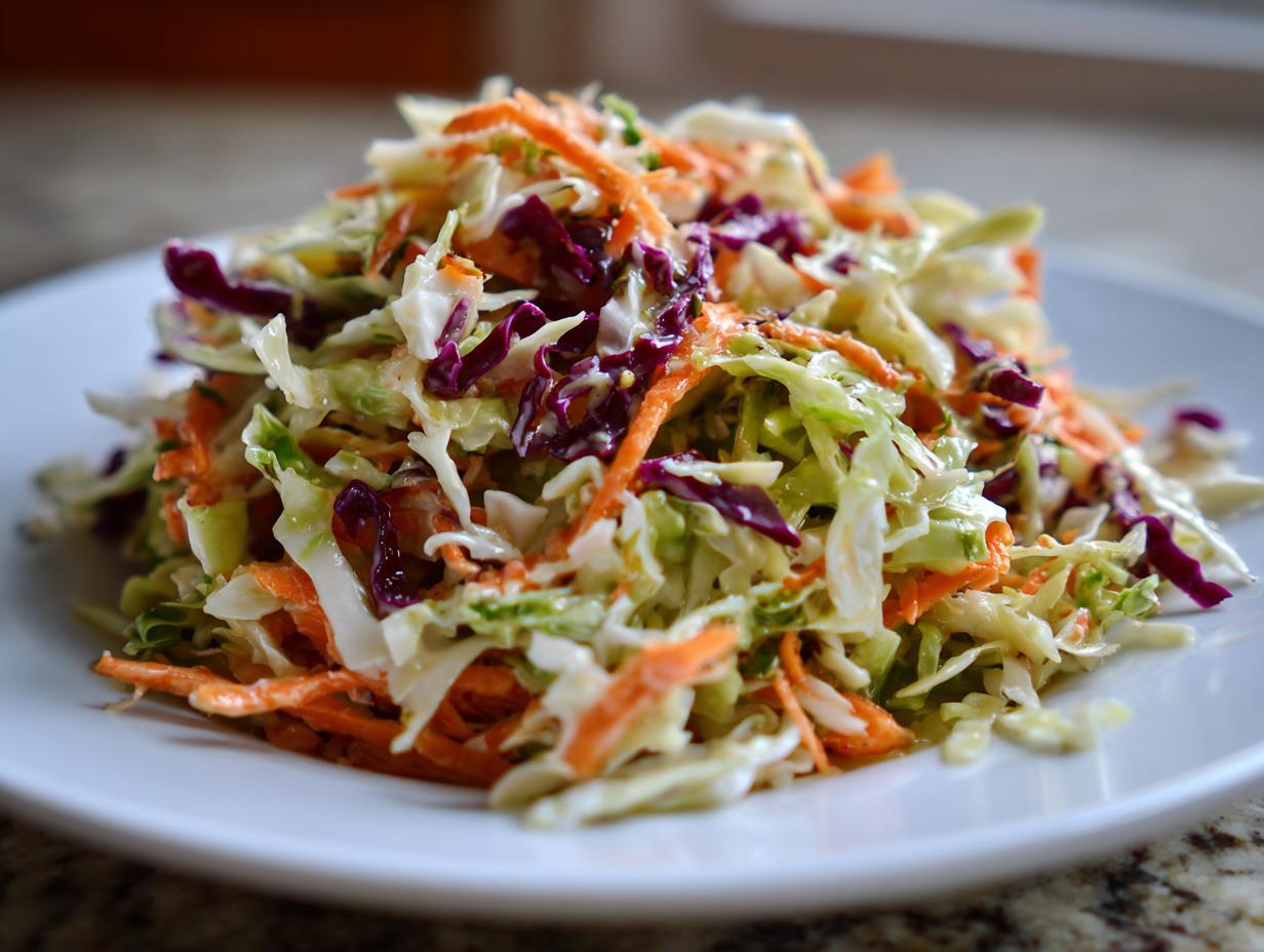 Close-up of a vibrant, crunchy cabbage salad featuring shredded green and purple cabbage and carrots on a white plate.