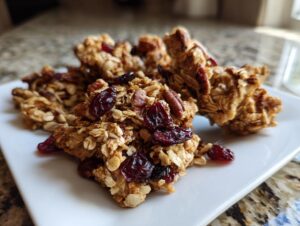 Close-up of crunchy clusters of homemade gingerbread granola featuring oats, pecans, and dried cranberries on a white plate.
