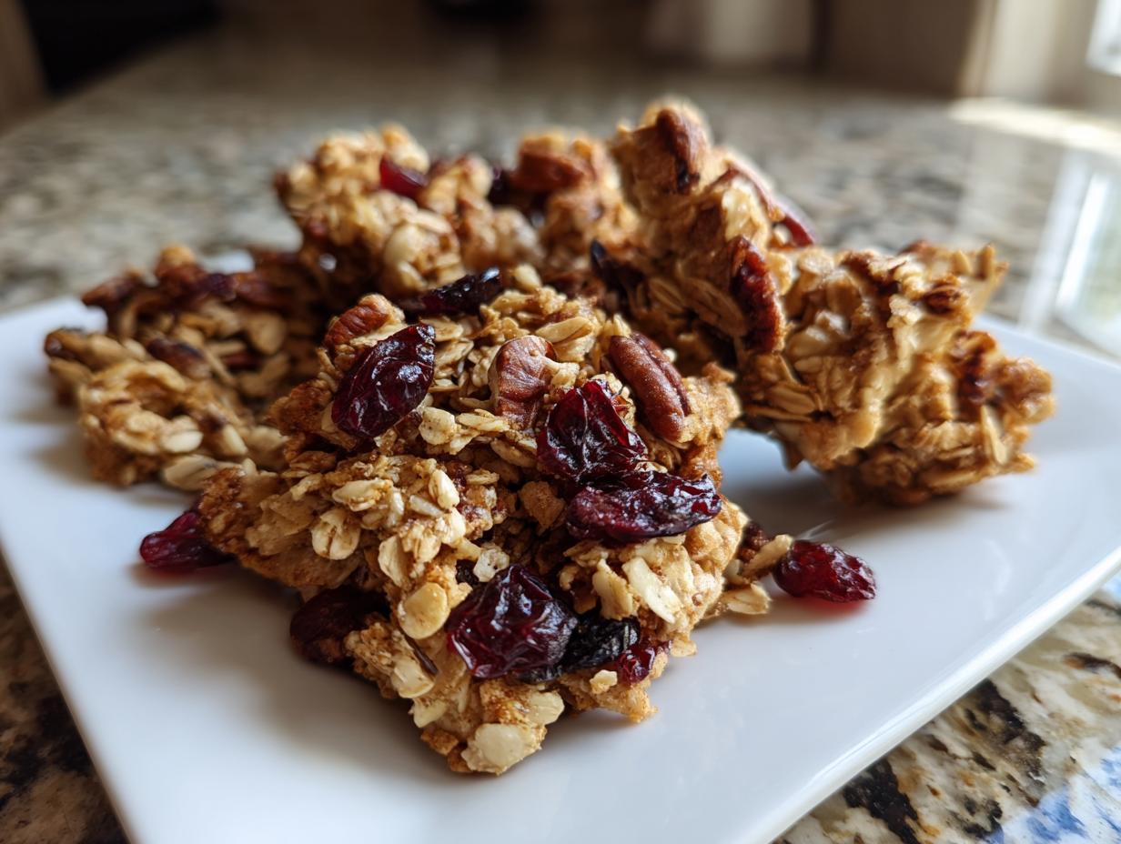 Close-up of crunchy clusters of homemade gingerbread granola featuring oats, pecans, and dried cranberries on a white plate.