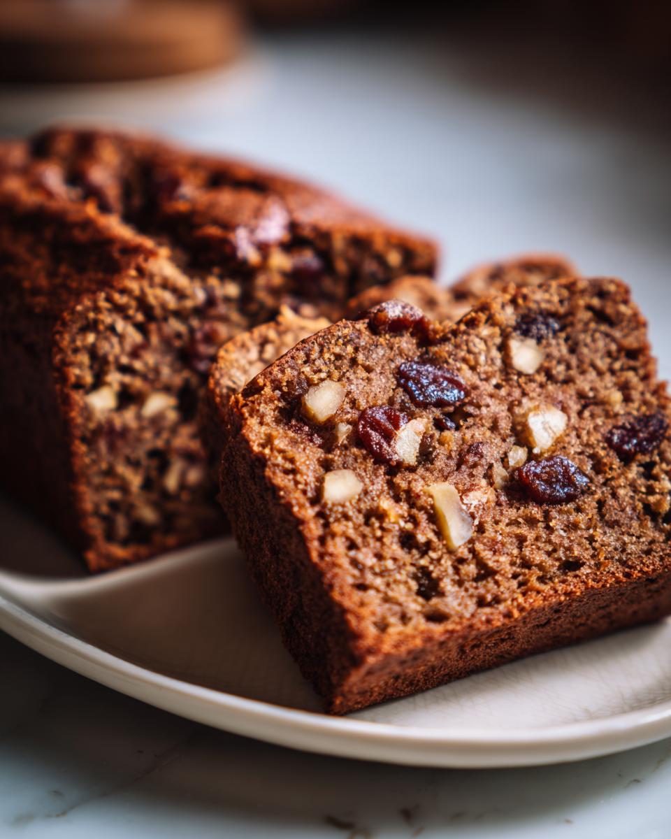 A close-up of moist slices of date nut bread showing visible dates and walnuts baked inside.